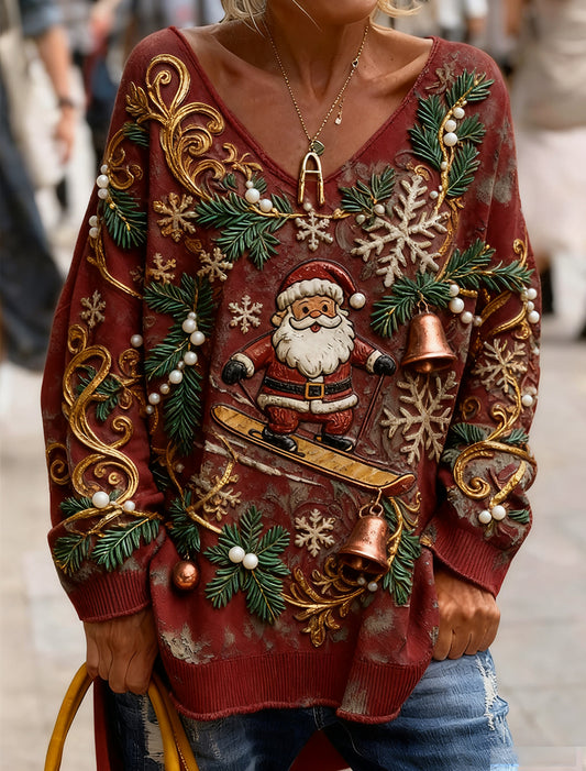 Női vintage karácsonyi művészet nyomtatás hangulatos kötött top