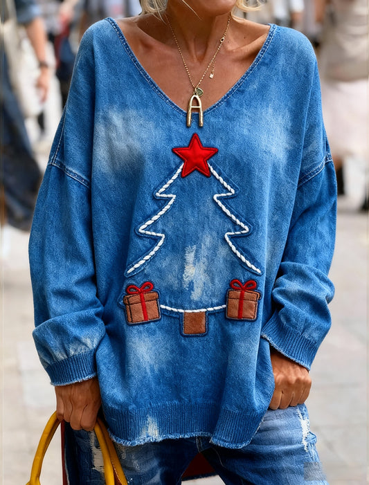 Női vintage karácsonyi művészet nyomtatás hangulatos kötött top