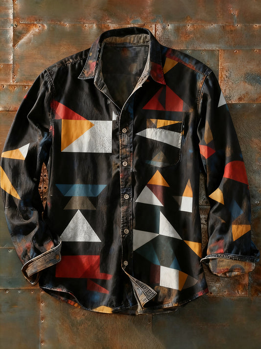 Férfi retro absztrakt művészet nyomtatás alkalmi hosszú ujjú ing