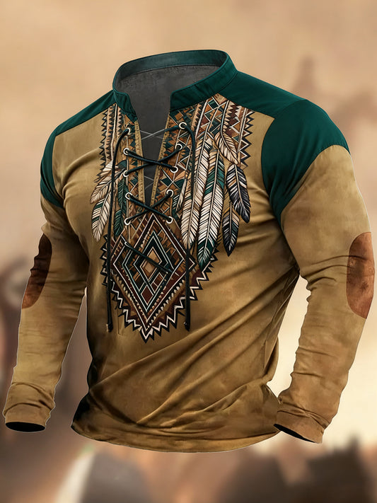 Évjárat nyugati művészet nyomtatás ország stílus v-nyak henley hosszú ujjú ing