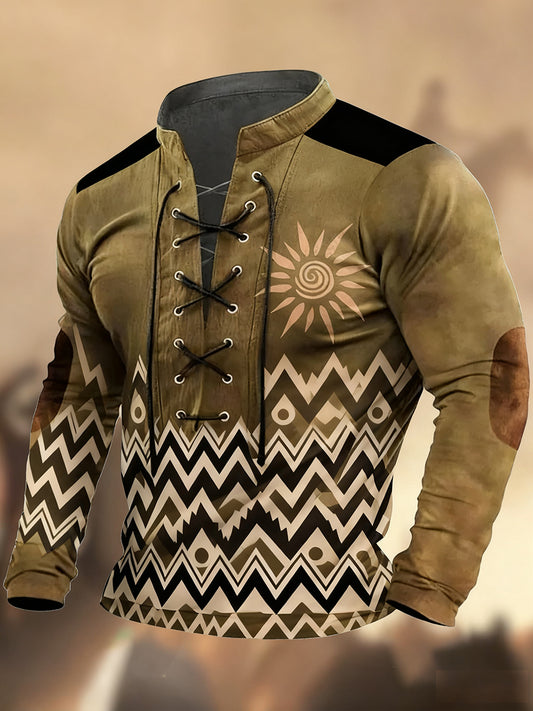 Évjárat nyugati művészet nyomtatás ország stílus v-nyak henley hosszú ujjú ing