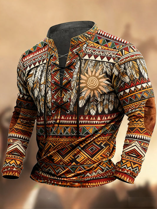 Évjárat nyugati művészet nyomtatás ország stílus v-nyak henley hosszú ujjú ing