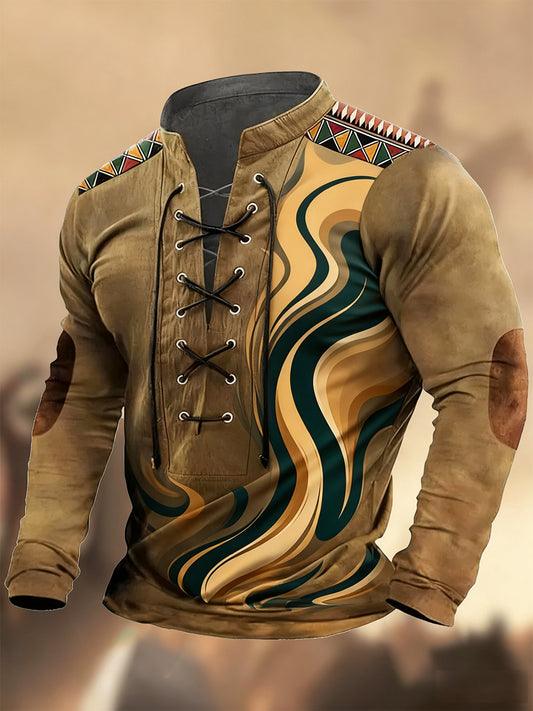 Évjárat nyugati művészet nyomtatás ország stílus v-nyak henley hosszú ujjú ing