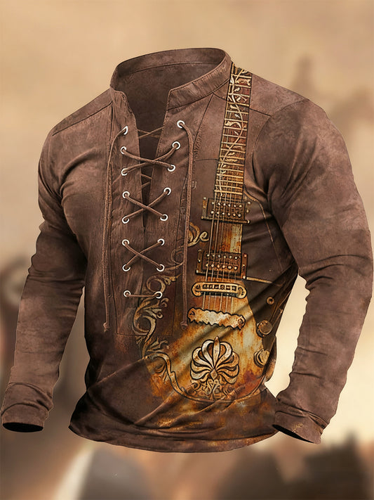 Évjárat nyugati művészet nyomtatás ország stílus v-nyak henley hosszú ujjú ing