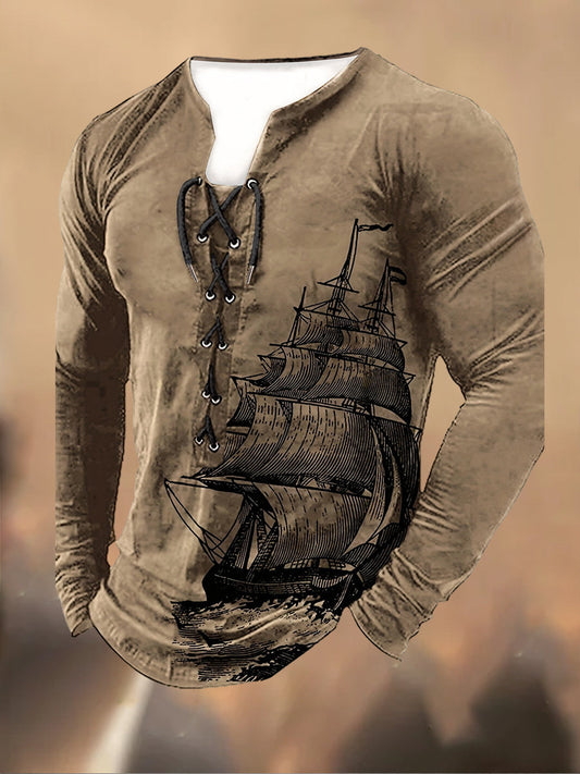 Férfi retro nyomtatás csipke-up csuklyás hosszú ujjú alkalmi felső