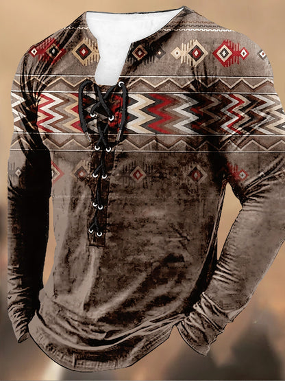 Férfi retro nyomtatás csipke-up csuklyás hosszú ujjú alkalmi felső