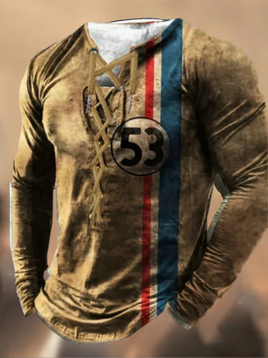 Férfi retro nyomtatás csipke-up csuklyás hosszú ujjú alkalmi felső