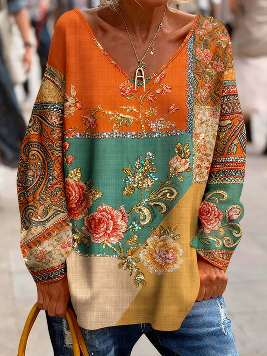 Retro bohém virágos nyomtatás vintage alkalmi pamut v nyak hosszú ujjú póló