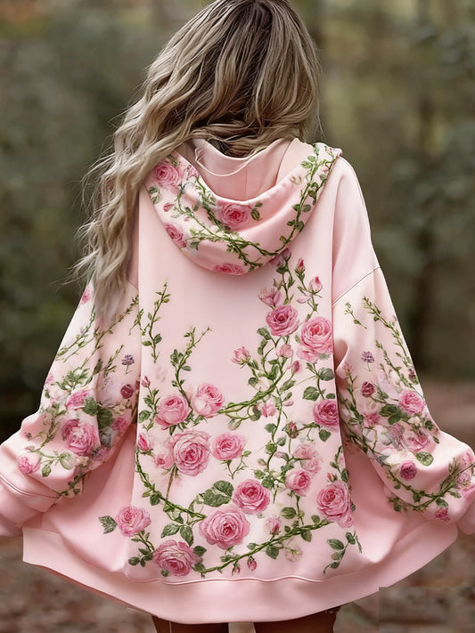 Női vintage virágos patchwork art nyomtatás kényelmes alkalmi hoodie