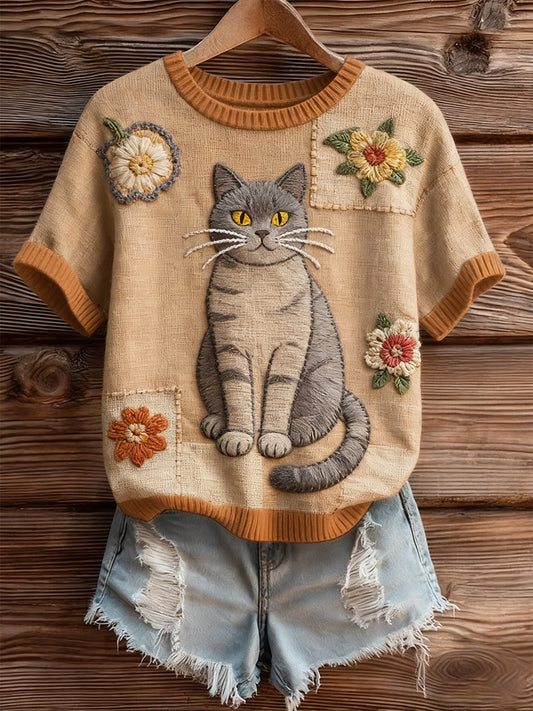 Női művészi állat nyomtatás kényelmes kötött rövid ujjú felső