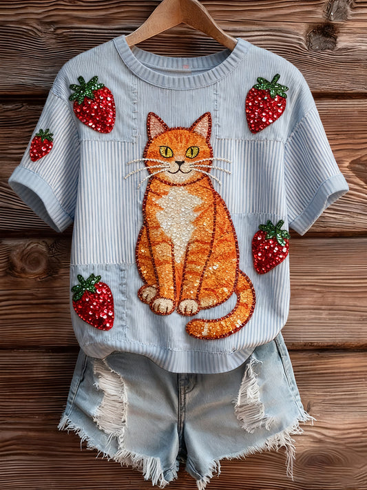 Női művészi állat nyomtatás kényelmes kötött rövid ujjú felső