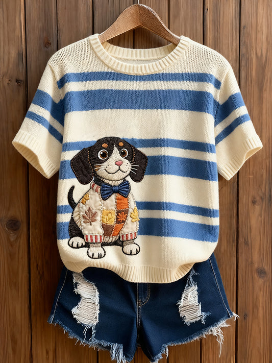 Női művészi állat nyomtatás kényelmes kötött rövid ujjú felső