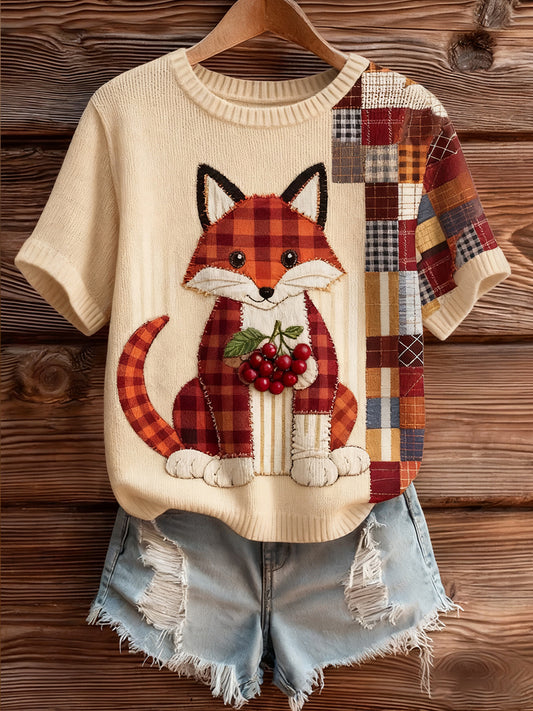 Női művészi állat nyomtatás kényelmes kötött rövid ujjú felső