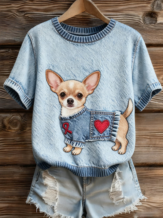 Női művészi állat nyomtatás kényelmes kötött rövid ujjú felső