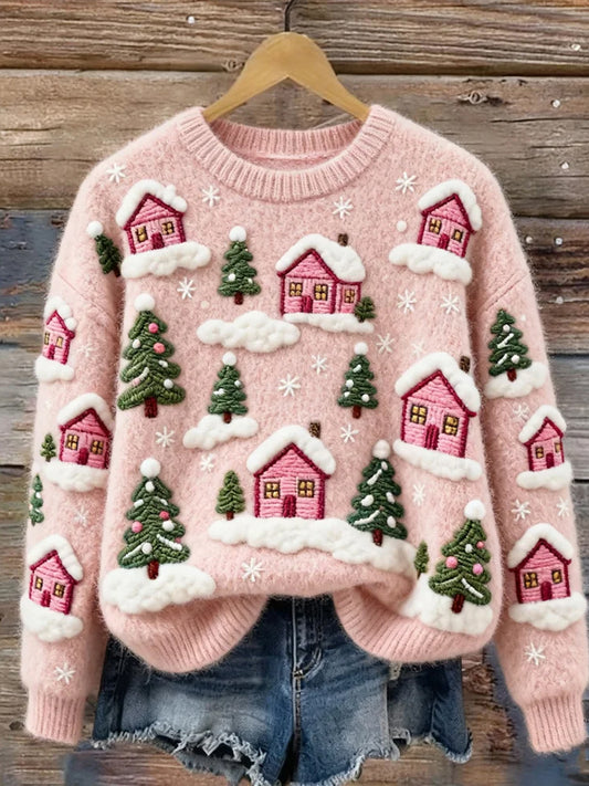 Női vintage karácsonyi művészet nyomtatás kényelmes alkalmi pulóver