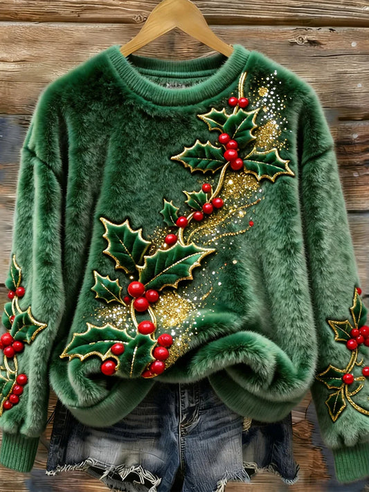 Női vintage karácsonyi művészet nyomtatás kényelmes alkalmi pulóver