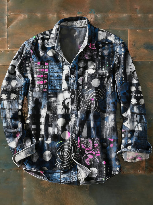 Férfi retro absztrakt művészet nyomtatás alkalmi hosszú ujjú ing