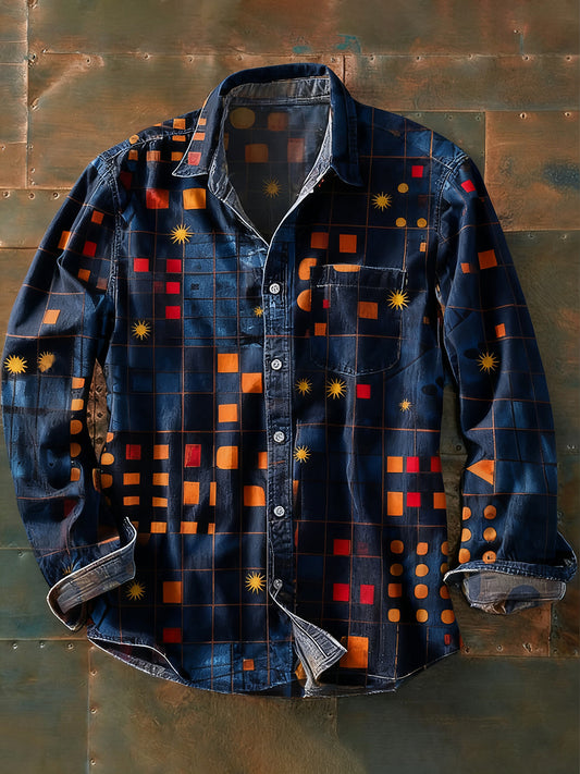 Férfi retro absztrakt művészet nyomtatás alkalmi hosszú ujjú ing