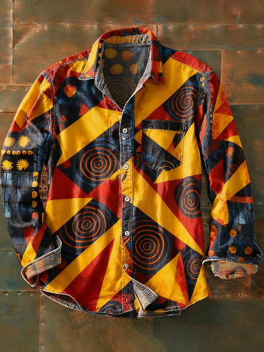 Férfi retro absztrakt művészet nyomtatás alkalmi hosszú ujjú ing