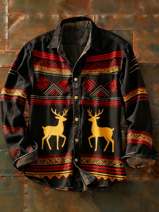 Férfi retro absztrakt művészet nyomtatás alkalmi hosszú ujjú ing