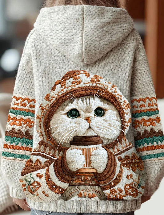 Női vintage karácsonyi állat művészet alkalmi kényelmes kötött kapucnis