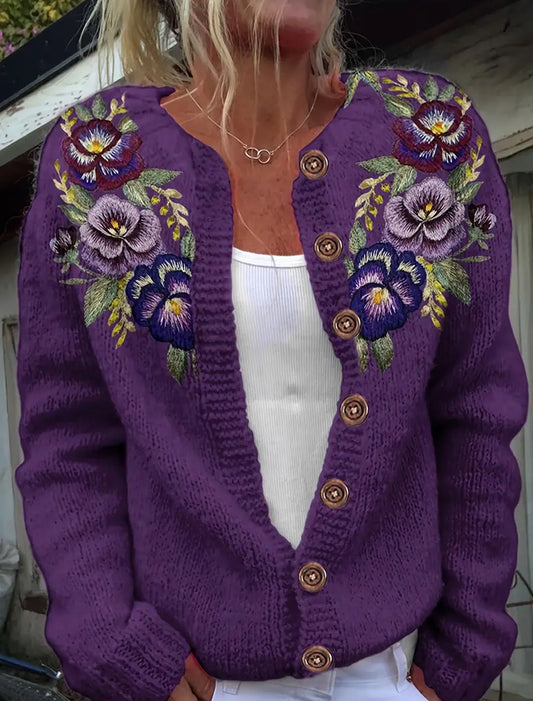 Női retro virág művészet nyomtatás kényelmes pulóver kardigán