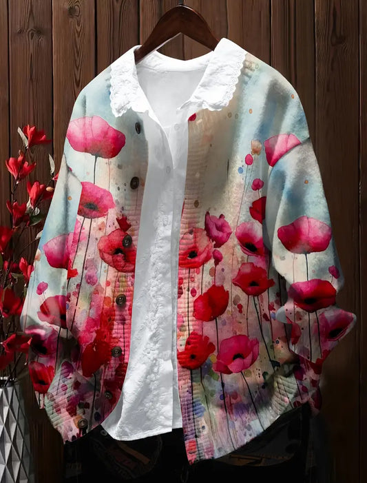 Női retro virág művészet nyomtatás kényelmes pulóver kardigán