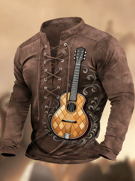 Évjárat nyugati művészet nyomtatás ország stílus v-nyak henley hosszú ujjú ing