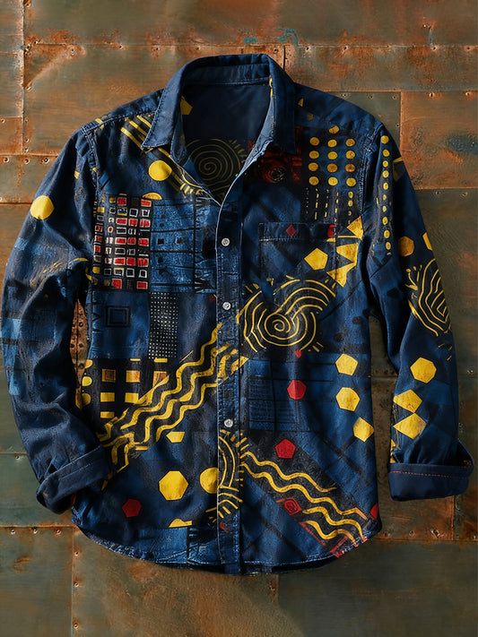 Férfi retro absztrakt művészet nyomtatás alkalmi hosszú ujjú ing