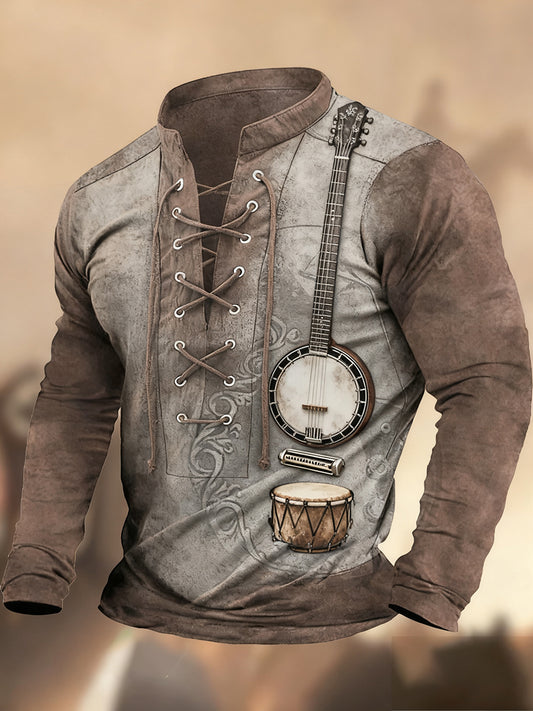 Évjárat nyugati művészet nyomtatás ország stílus v-nyak henley hosszú ujjú ing