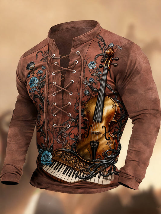 Évjárat nyugati művészet nyomtatás ország stílus v-nyak henley hosszú ujjú ing