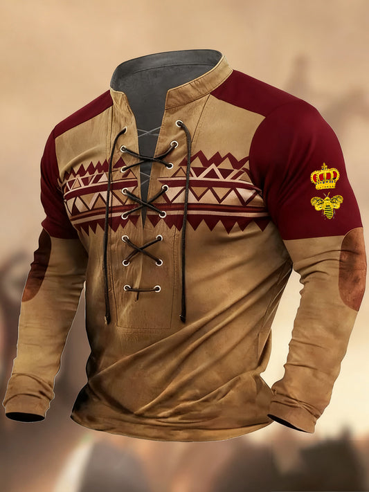 Évjárat nyugati művészet nyomtatás ország stílus v-nyak henley hosszú ujjú ing