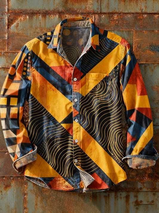 Férfi retro absztrakt művészet nyomtatás alkalmi hosszú ujjú ing