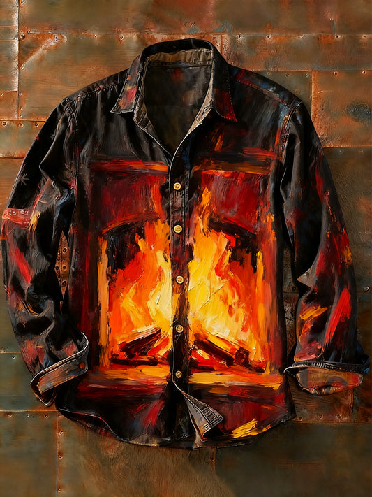 Férfi retro absztrakt művészet nyomtatás alkalmi hosszú ujjú ing