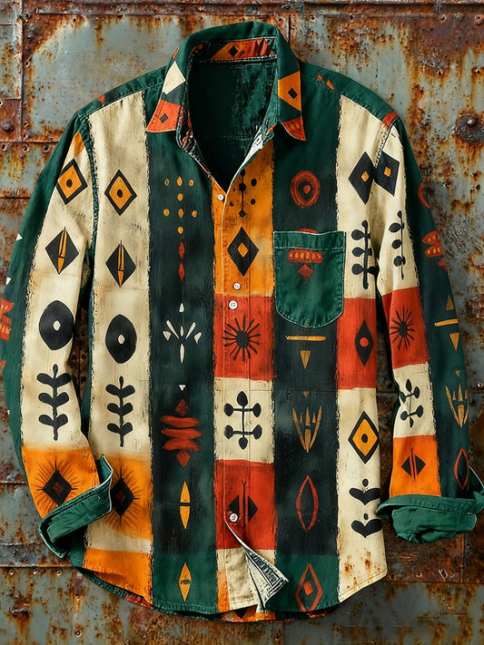 Férfi retro absztrakt művészet nyomtatás alkalmi hosszú ujjú ing