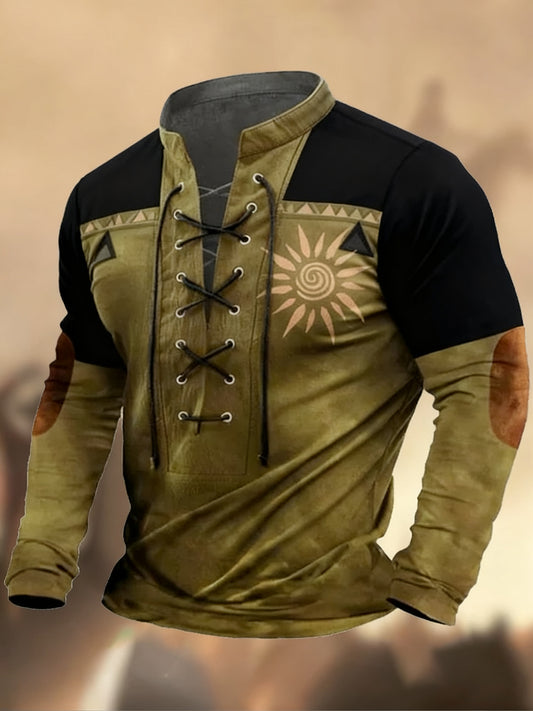 Évjárat nyugati művészet nyomtatás ország stílus v-nyak henley hosszú ujjú ing