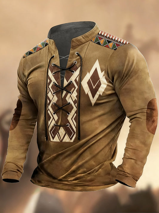 Évjárat nyugati művészet nyomtatás ország stílus v-nyak henley hosszú ujjú ing