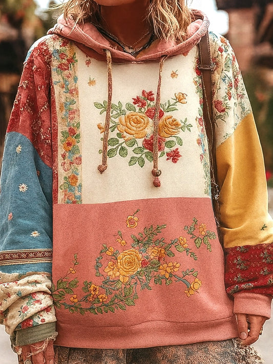 Női vintage bohém patchwork virágos alkalmi hoodie
