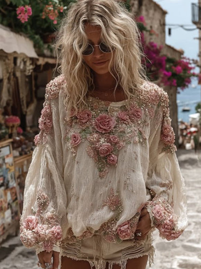 Női vintage virágos nyomtatás alkalmi laza felső