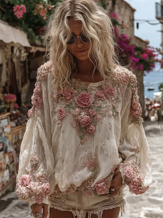 Női vintage virágos nyomtatás alkalmi laza felső