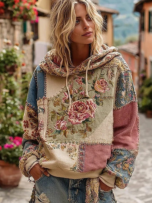 Női vintage bohém patchwork virágos alkalmi hoodie