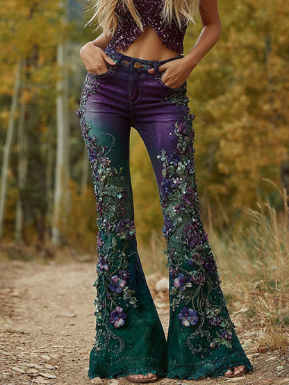 Női vintage virág művészet farmer fellángolt nadrág