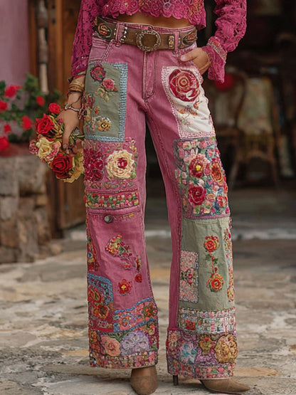 Női vintage virág művészet farmer fellángolt nadrág