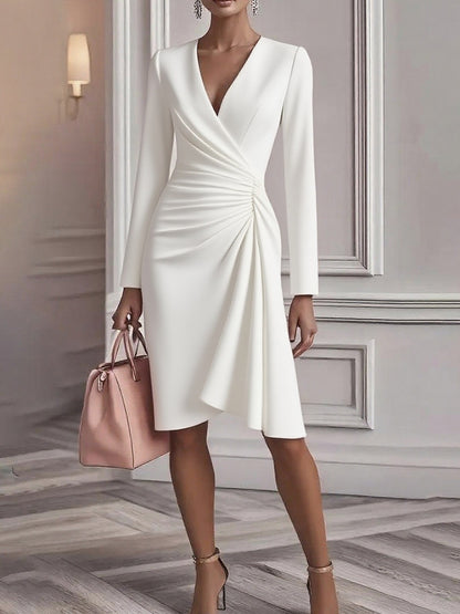 Női retro crossover v-nyak derék egyszínű hosszú ujjú ruha