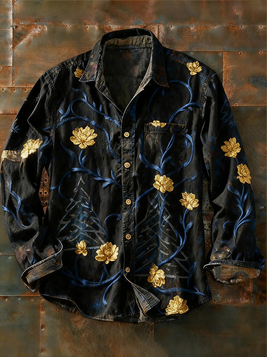 Férfi retro absztrakt művészet nyomtatás alkalmi hosszú ujjú ing