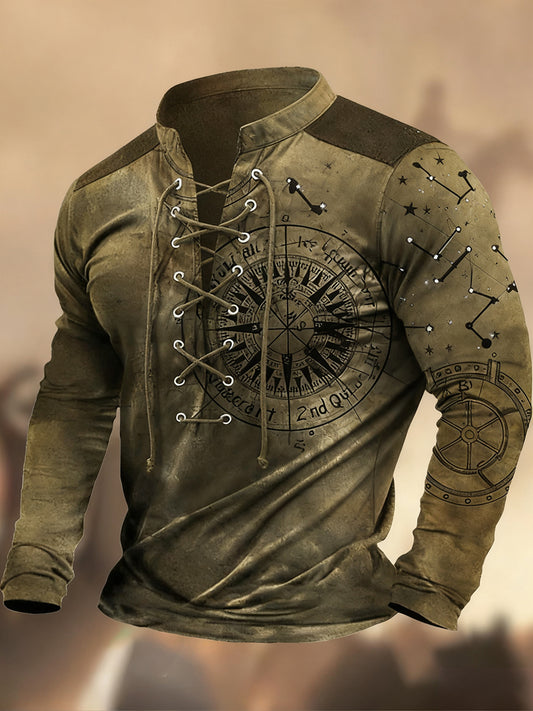 Évjárat nyugati művészet nyomtatás ország stílus v-nyak henley hosszú ujjú ing