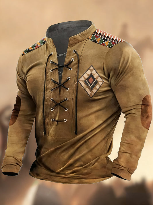 Évjárat nyugati művészet nyomtatás ország stílus v-nyak henley hosszú ujjú ing