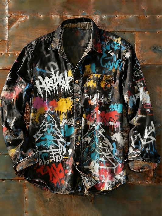 Férfi retro absztrakt művészet nyomtatás alkalmi hosszú ujjú ing