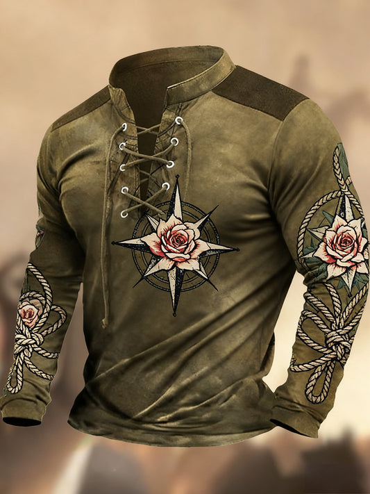 Évjárat nyugati művészet nyomtatás ország stílus v-nyak henley hosszú ujjú ing