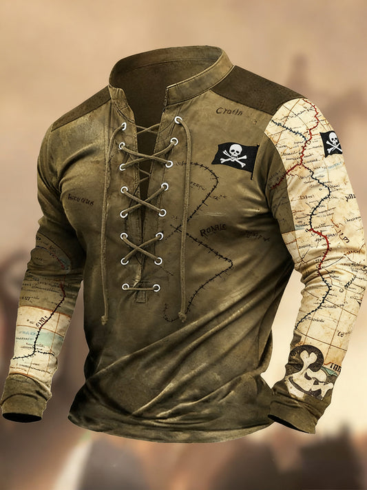 Évjárat nyugati művészet nyomtatás ország stílus v-nyak henley hosszú ujjú ing